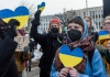 People protest against Russian attack on Ukraine near Embassy of Russia in Latvia.