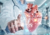 Cardiologist on blurred background using digital x-ray of human heart holographic scan projection 3D rendering