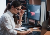 Woman working online with multiple computer screens examines stock index charts
