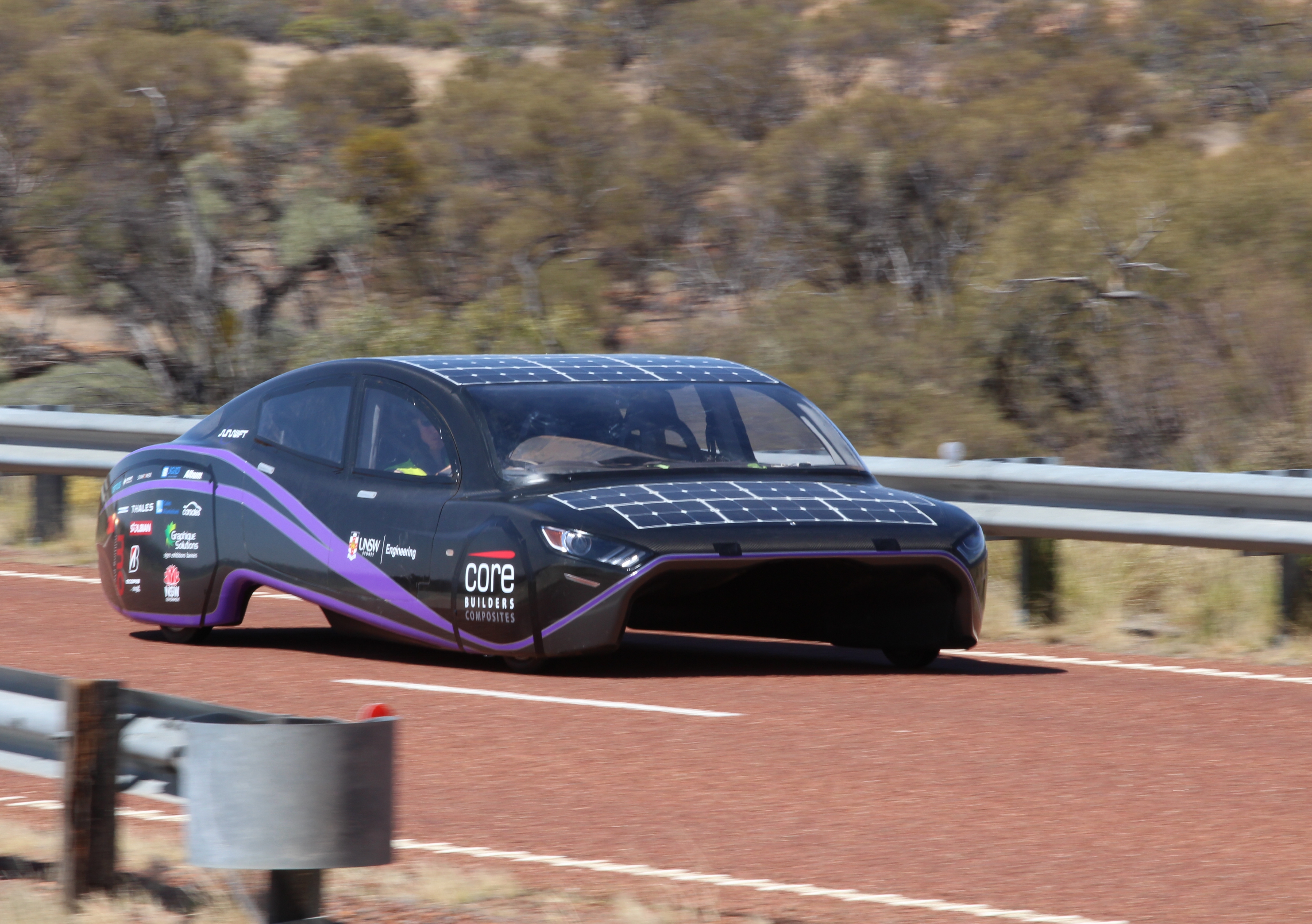UNSW&#039;s Sunswift Violet in action during the 2017 World Solar Challenge.