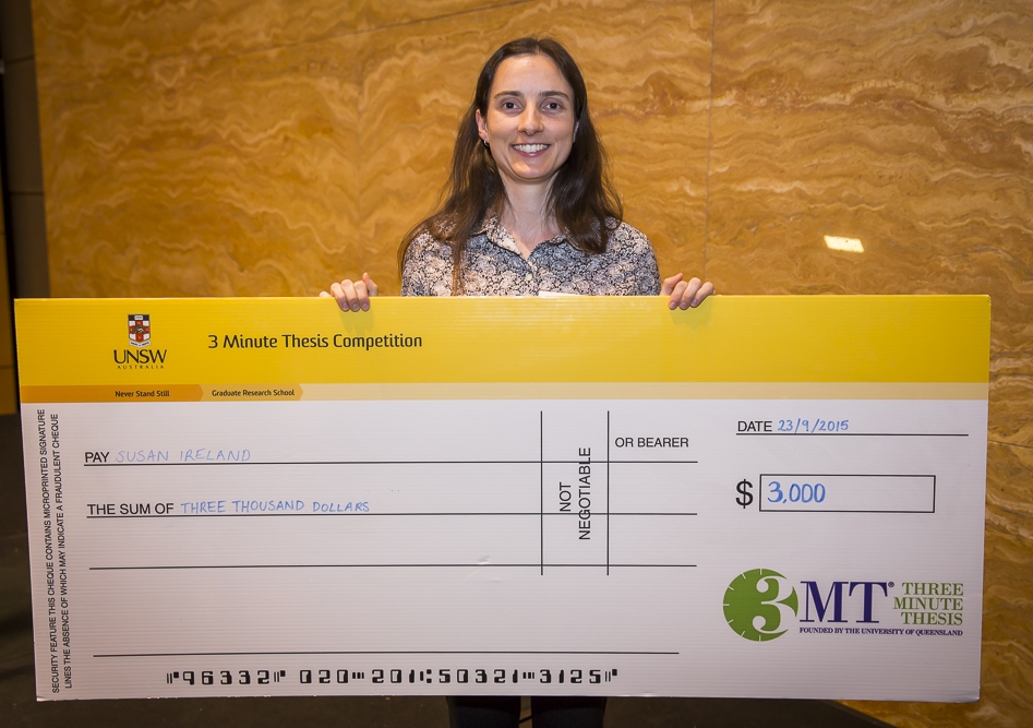 &quot;Wow, this is sweet!&quot;... 2015 UNSW 3MT Thesis winner, Susan Ireland. Photo: Jayne Ion