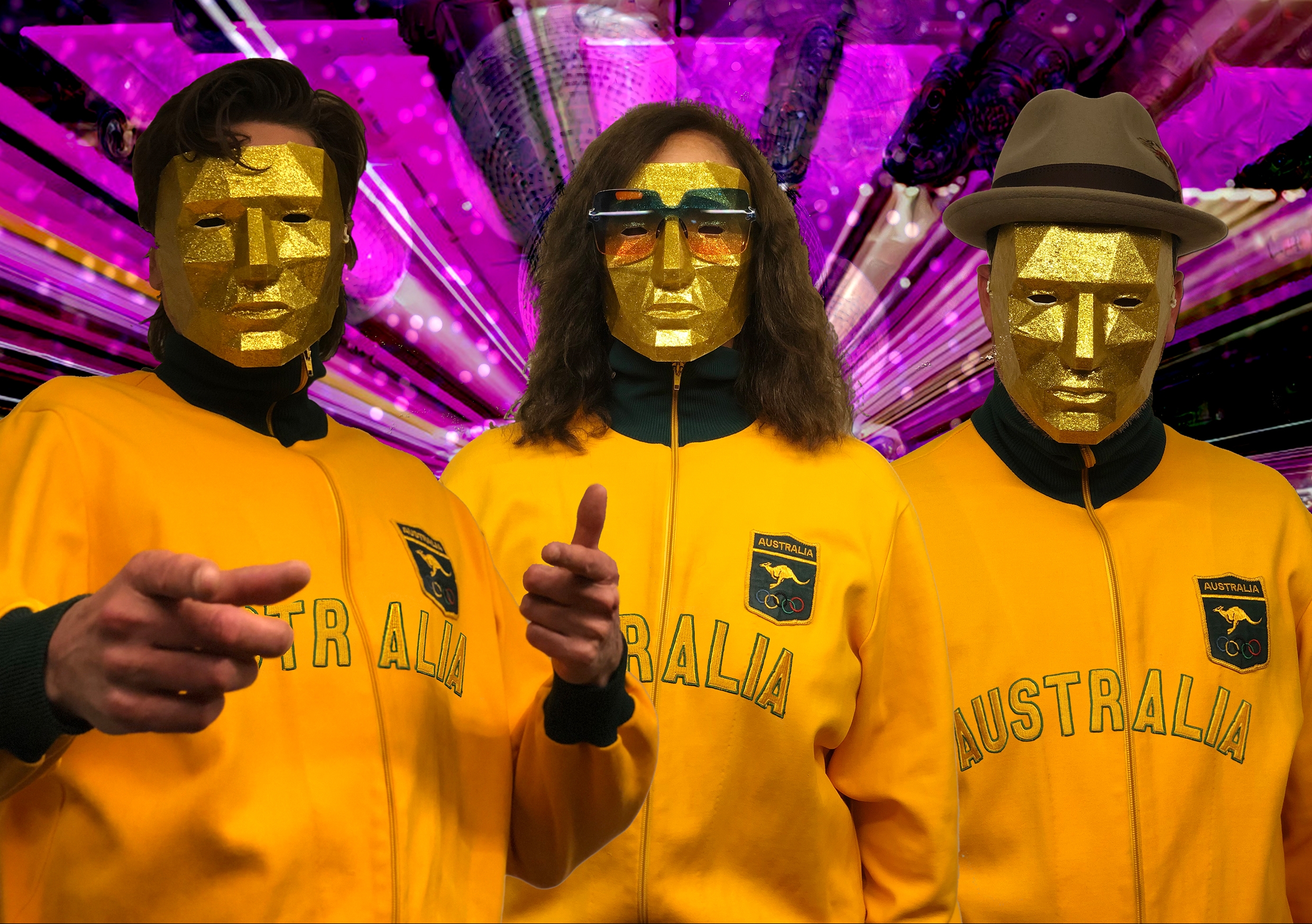 Team Australia all geared up for the AI Song Contest in their 3D-printed masks and Australian Swim Team tracksuit dating back to the 1972 Munich Olympic Games. Photo: Uncanny Valley