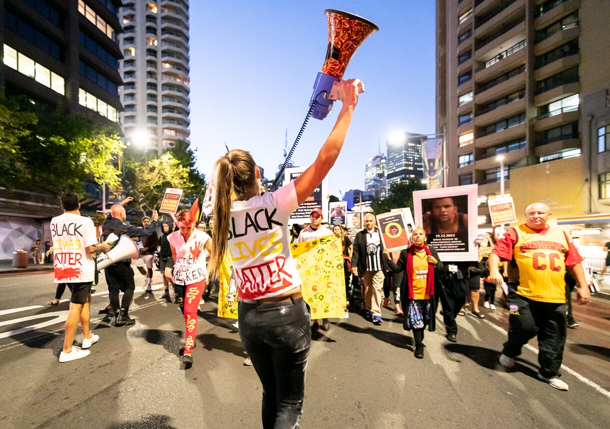 Vanessa Turnbull-Roberts leads a march in Sydney. Image: John Janson-Moore