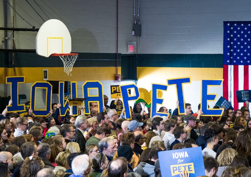 For the Iowa caucus, registered Democrats show up in their precinct, often at a high-school gym, and cluster into groups representing the Presidential candidate they most prefer. Image from Shutterstock