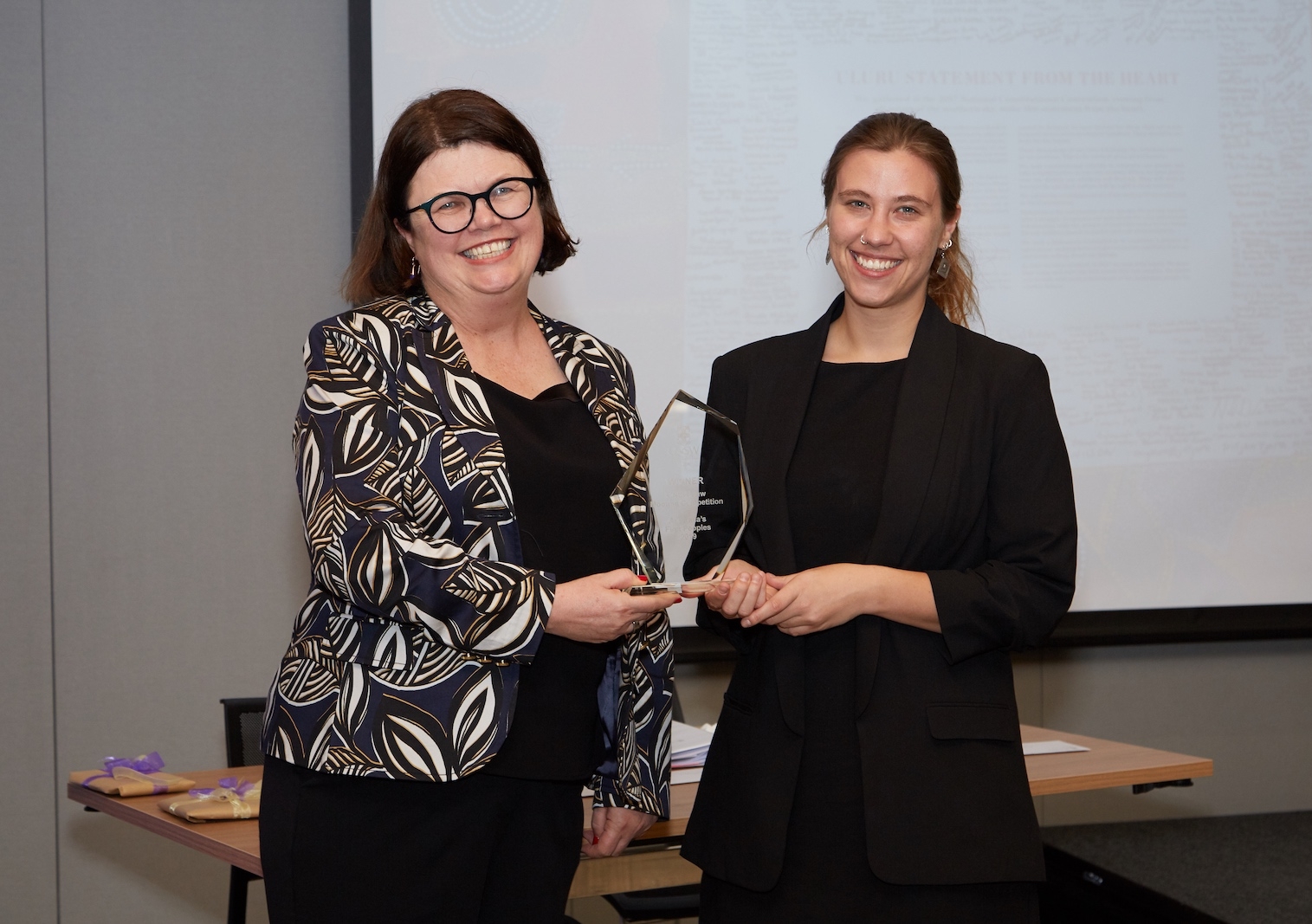 Justice Natalie Adams (left) and competition winner, Petra Franks. Photo: Jessica Cuda.