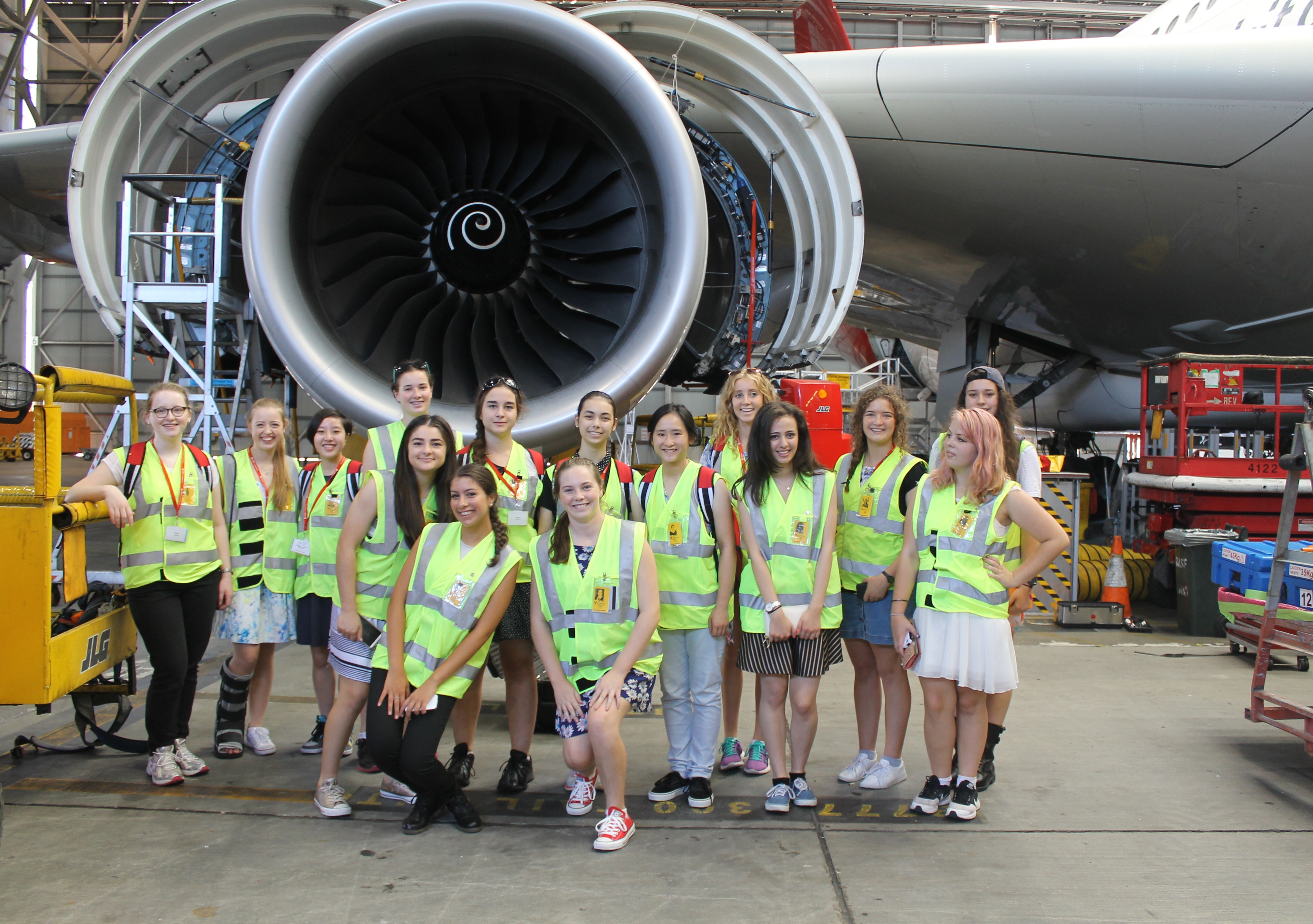 Students of the UNSW Women in Engineering Camp visit the Qantas Engineering and Maintenance facility in Sydney.